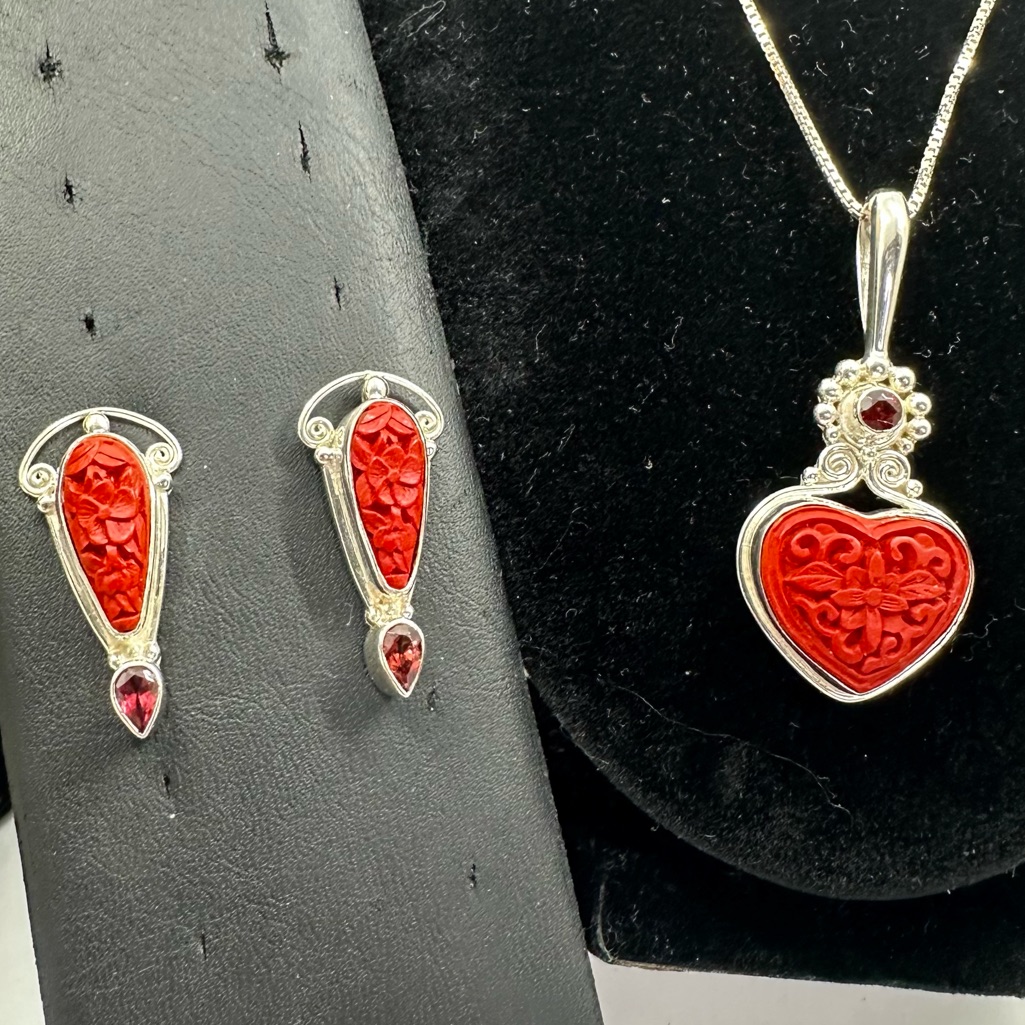 Sajen Sterling Silver Red Cinnabar Garnet Heart Pendant Necklace Earrings Set 137$